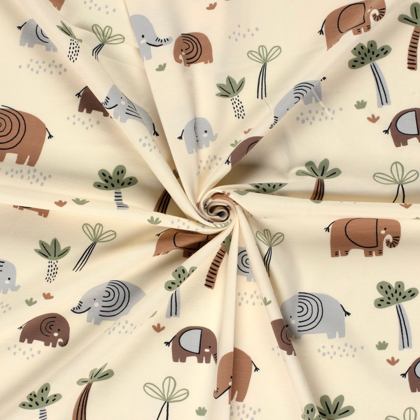 Kinderjersey mit Elefantenmotiv. Weicher, elastischer Baumwolljersey, ideal für Kindermode wie Shirts, Hosen und Kleider.