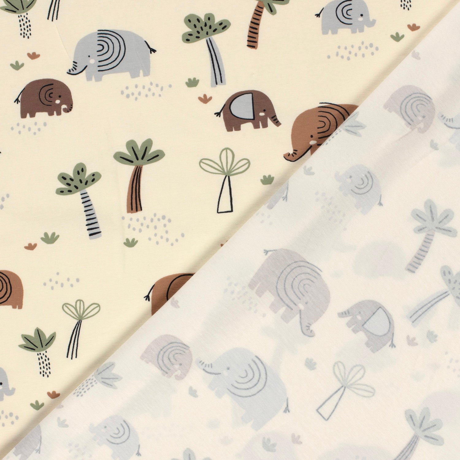 Kinderjersey mit Elefantenmotiv. Weicher, elastischer Baumwolljersey, ideal für Kindermode wie Shirts, Hosen und Kleider.