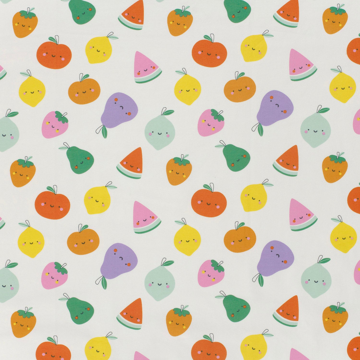 Jersey “Happy Fruits” mit buntem Obst und Gesichtern. Weich, elastisch und ideal für Kinderkleidung, Shirts, Kleider oder Accessoires.