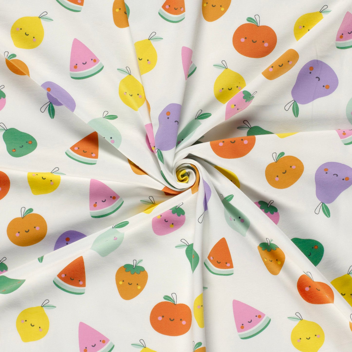 Jersey “Happy Fruits” mit buntem Obst und Gesichtern. Weich, elastisch und ideal für Kinderkleidung, Shirts, Kleider oder Accessoires.