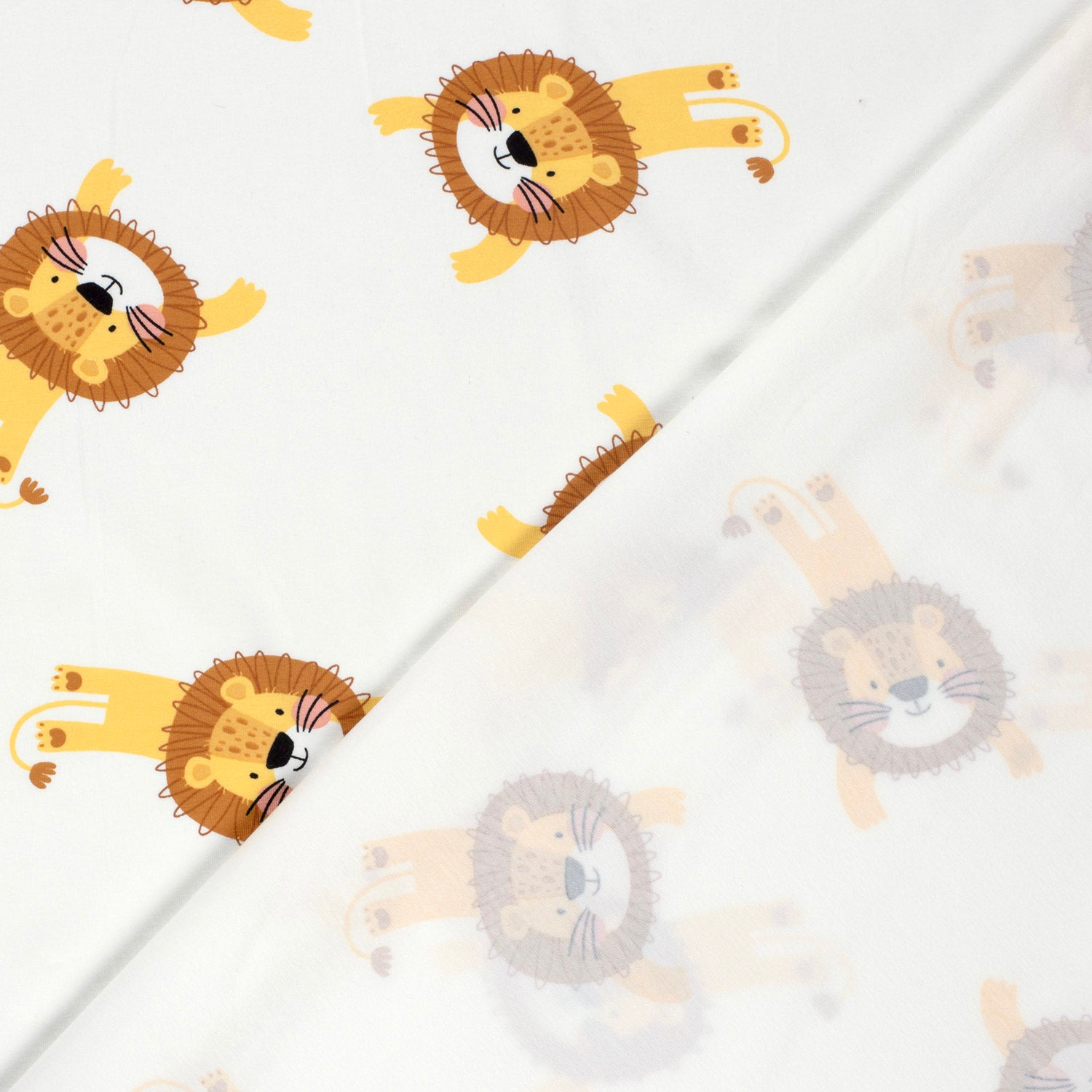 Kinderjersey mit fröhlichen Löwen. Weicher, elastischer Baumwolljersey, ideal für Shirts, Hosen, Kleider und Pyjamas.