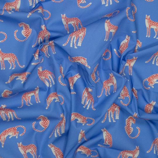 Bedruckter Baumwollstoff Popeline mit Leoparden in Blau