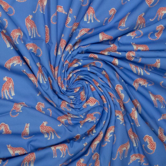 Bedruckter Baumwollstoff Popeline mit Leoparden in Blau