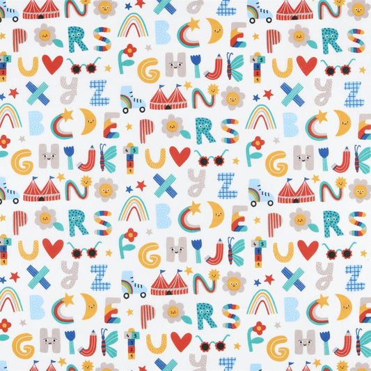 Kinder Baumwollstoff Alphabet Tiere Regenbogen bunt
