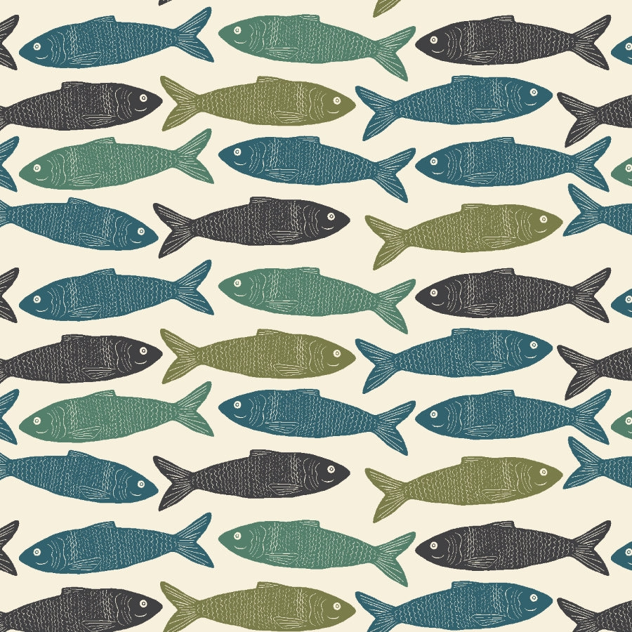 Baumwollstoff Cotton + Steel Riverbank – Upstream Trout mit Fischmotiv auf cremefarbenem Grund