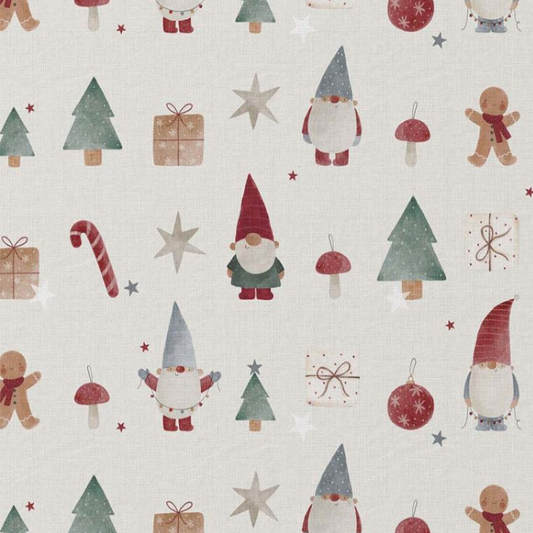 Baumwollstoff „Christmas Classic“ – Weihnachtsstoff in Aquarelloptik, Creme, Grün & Rot mit festlichen Motiven.