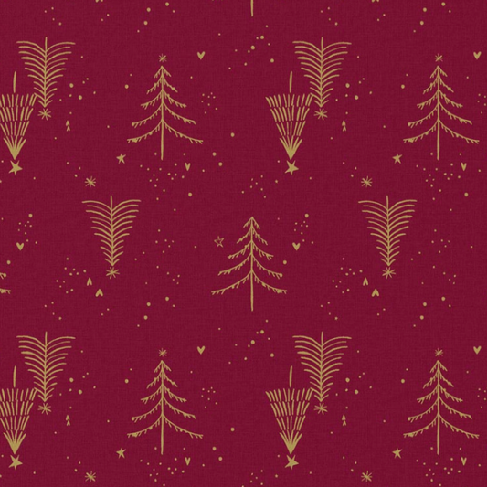 Weihnachtsstoff Canvas – rot mit goldenen Weihnachtsbäumen