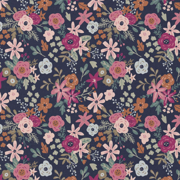 Wasserabweisende beschichtete Baumwolle mit Blümchen auf dunkelblauem Hintergrund