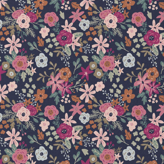 Wasserabweisende beschichtete Baumwolle mit Blümchen auf dunkelblauem Hintergrund