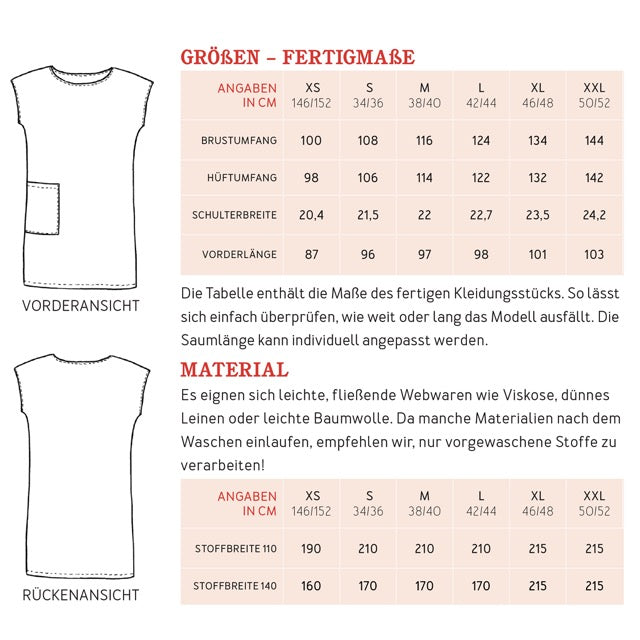 Papierschnittmuster für ein einfaches Kleid für Anfängerinnen ohne Ärmel von Studio Schnittreif in den Größen XS-XXL.