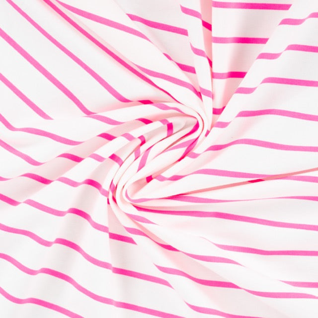 Weißer French Terry mit feinen neonpinken Streifen im sommerlichen Look