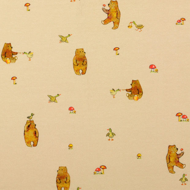 Jerseystoff beige braun mit Bären, Enten und Pilzen – Baumwolljersey mit Elastan