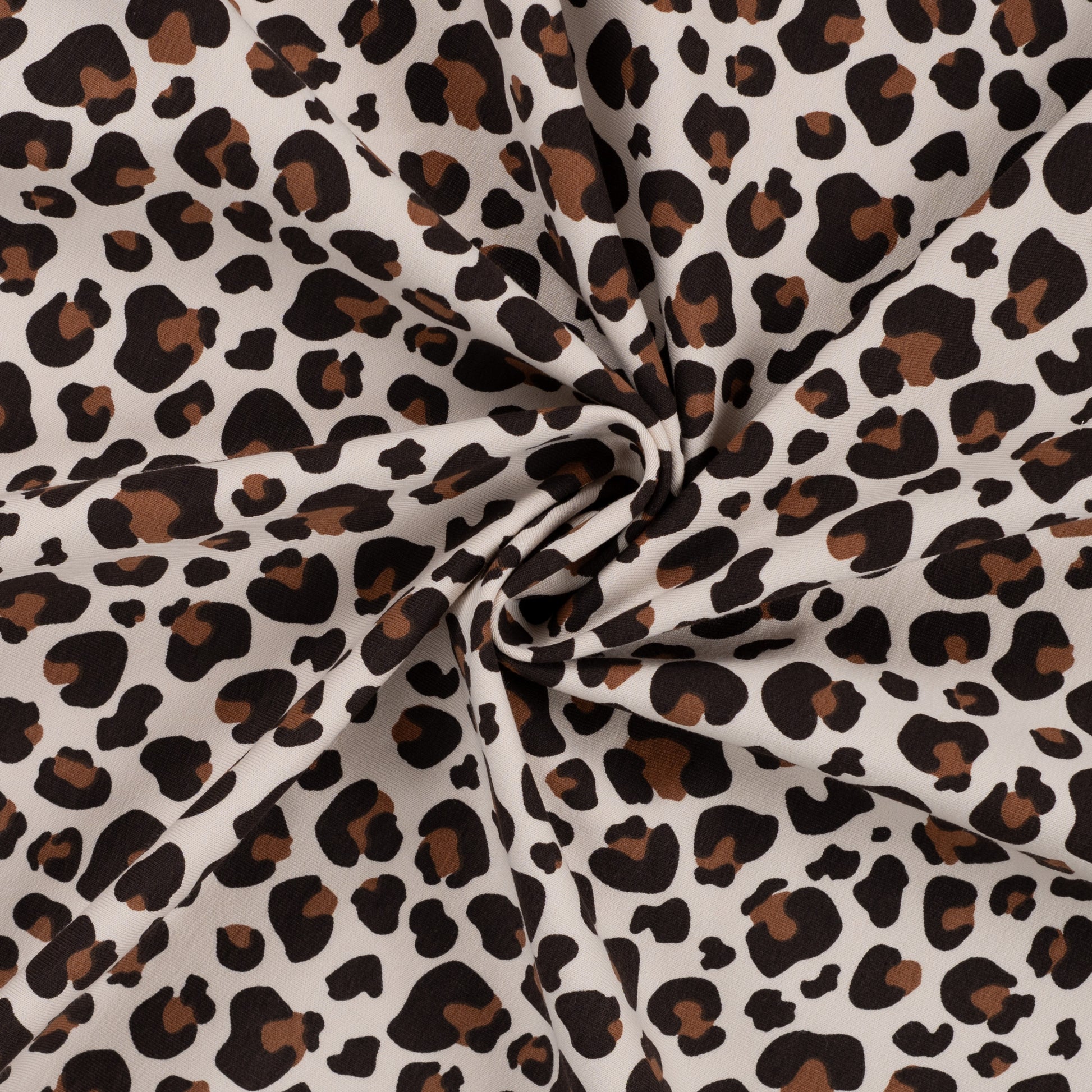 French Terry mit Leomuster – Baumwollstoff, außen glatt, innen mit Schlaufen, ideal für Kleidung.