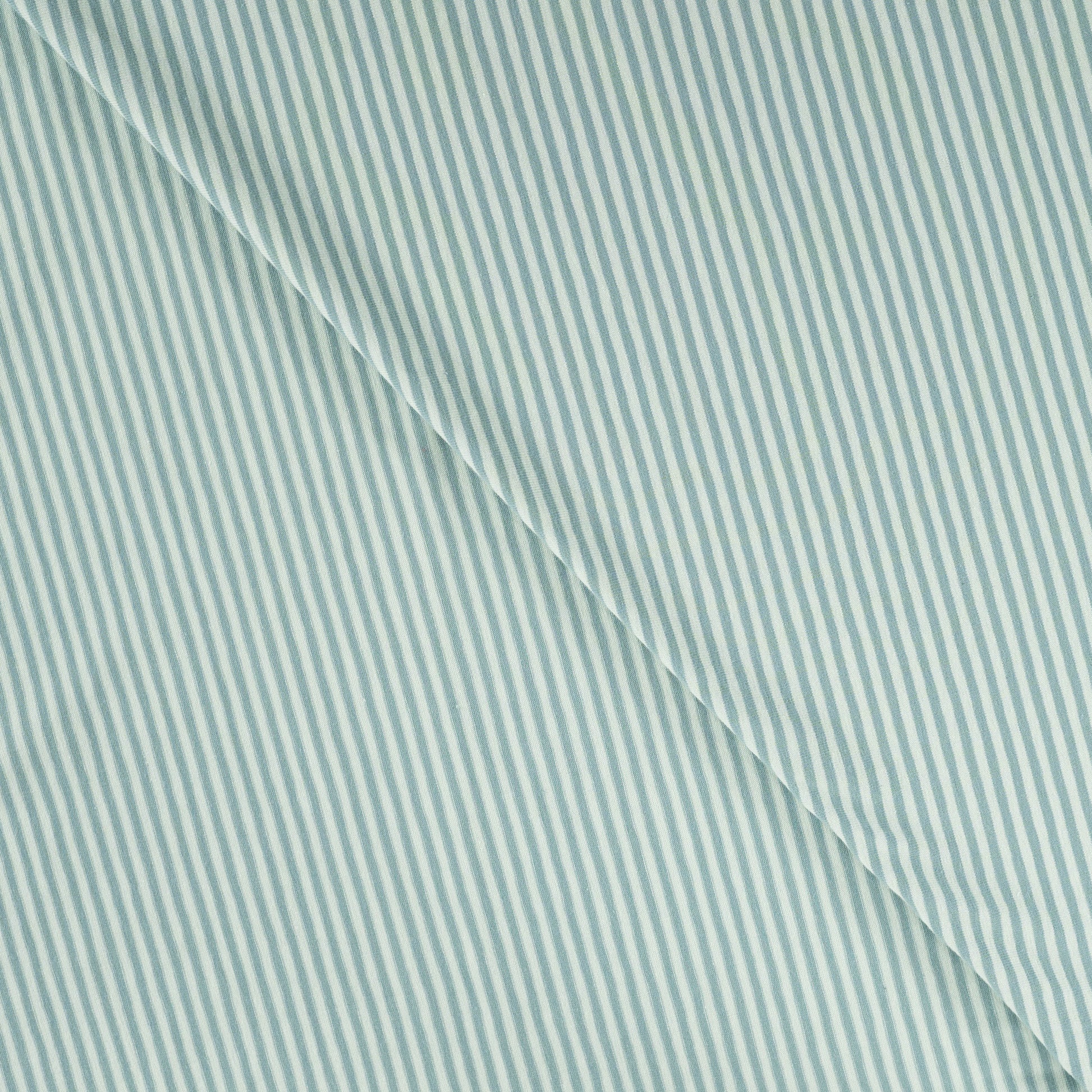 Jersey Stoff mit feinen grünen 2,5 mm Streifen, gestrickt, weich und elastisch, ideal für T-Shirts, Kleider, Leggings und Kinderkleidung.
