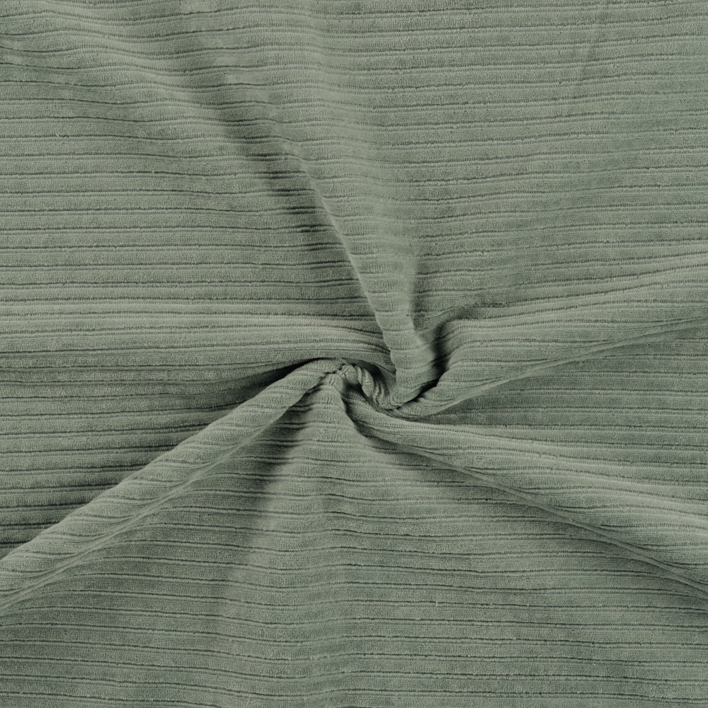 Cord Jersey dusty green – elastischer Stoff mit Rippenstruktur, weich & bequem für Kleidung und Kinderbekleidung.