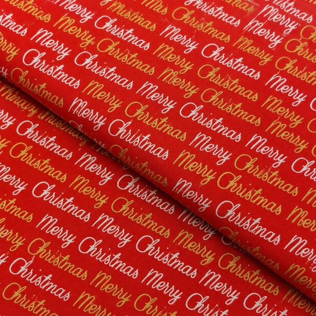 Roter Baumwollstoff mit Merry Christmas Schriftzug in Silber und Gold