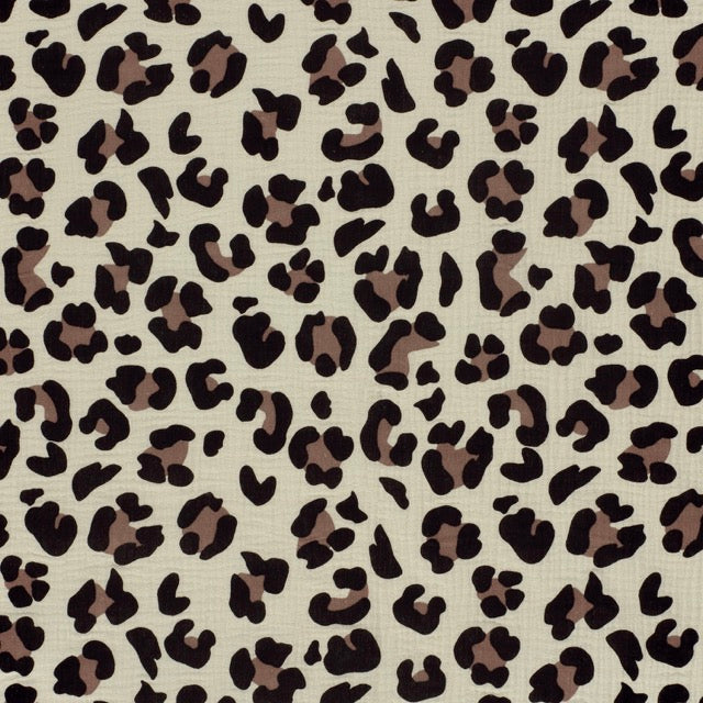 Musselin Leo Natur-Taupe – Baumwollstoff mit Leopardenmuster