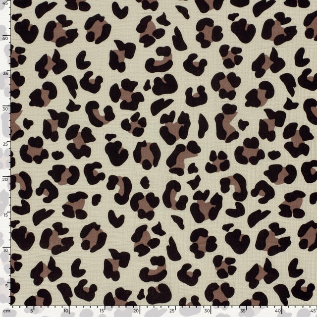 Musselin Leo Natur-Taupe – Baumwollstoff mit Leopardenmuster