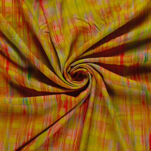 Viskose-Leinen Stoff 70/30 mit lebendigem Muster in warmen und frischen Farben.
