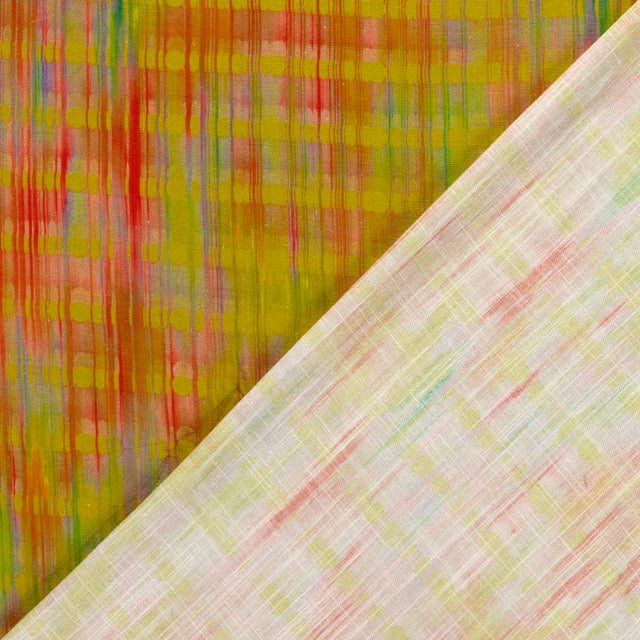 Dekorativer Viskose-Leinen Stoff mit strukturierter Oberfläche und buntem Design.