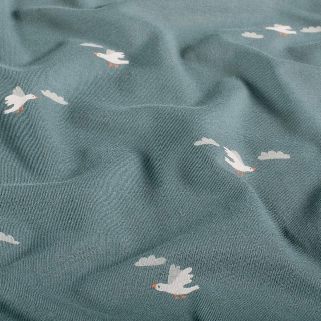 Baumwolljersey kleine weiße Vögel altblau