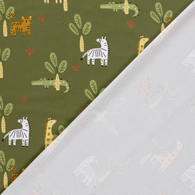Baumwolljersey mit Safari-Tieren auf olivgrünem Hintergrund mit Zebra, Giraffe, Tiger und Krokodil.