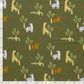 Baumwolljersey mit Safari-Tieren auf olivgrünem Hintergrund mit Zebra, Giraffe, Tiger und Krokodil.