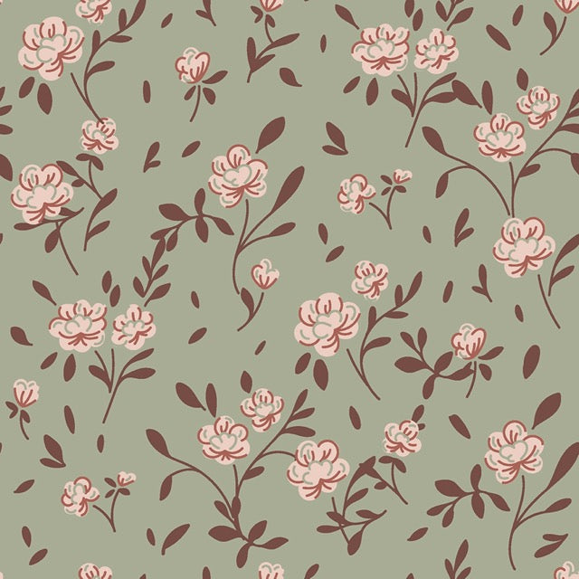 French Terry Crêpe „Blossom Garden" – Romantischer Nähstoff mit floralem Allover in Altrosa & Mauve auf zartem Salbeigrün. Ideal für Kleider, Loungewear & mehr.