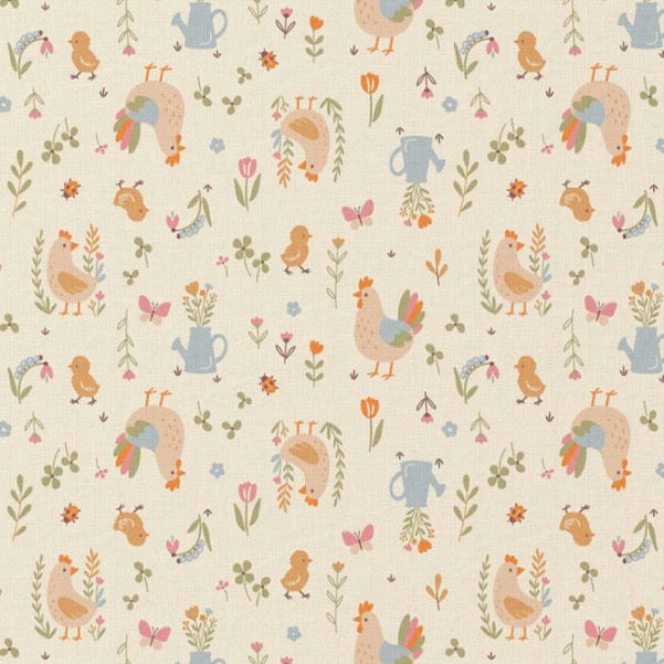 Baumwollstoff mit Küken- und Hühnchenmotiven