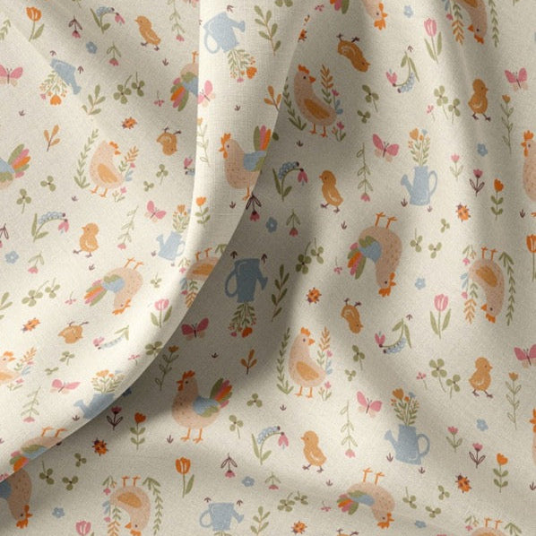 Baumwollstoff mit Küken- und Hühnchenmotiven