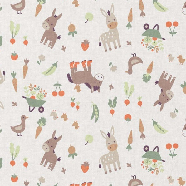 Baumwollstoff mit Esel, Schubkarre und Karotten-Motiven