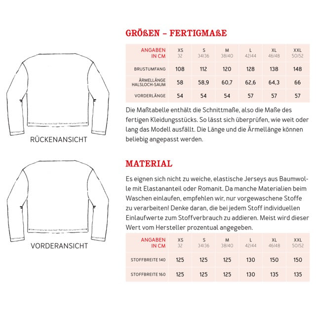 Papierschnitt für ein Longsleeve mit U-Boot-Ausschnitt