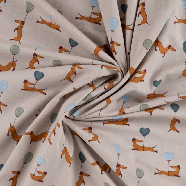 Jersey Stoff mit Dackelmotiv und Ballons