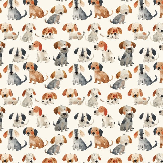 Baumwoll-Popeline mit Digitaldruck aus vielen unterschiedlich illustrierten Hunden im Aquarellstil auf cremefarbenem Hintergrund.