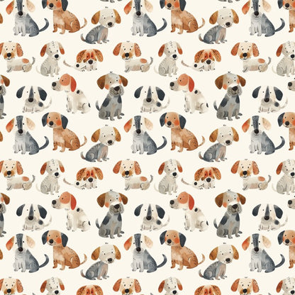 Baumwoll-Popeline mit Digitaldruck aus vielen unterschiedlich illustrierten Hunden im Aquarellstil auf cremefarbenem Hintergrund.