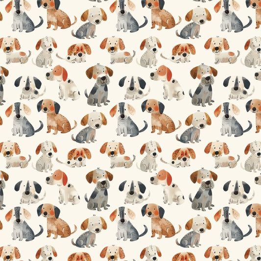 Baumwoll-Popeline mit Digitaldruck aus vielen unterschiedlich illustrierten Hunden im Aquarellstil auf cremefarbenem Hintergrund.