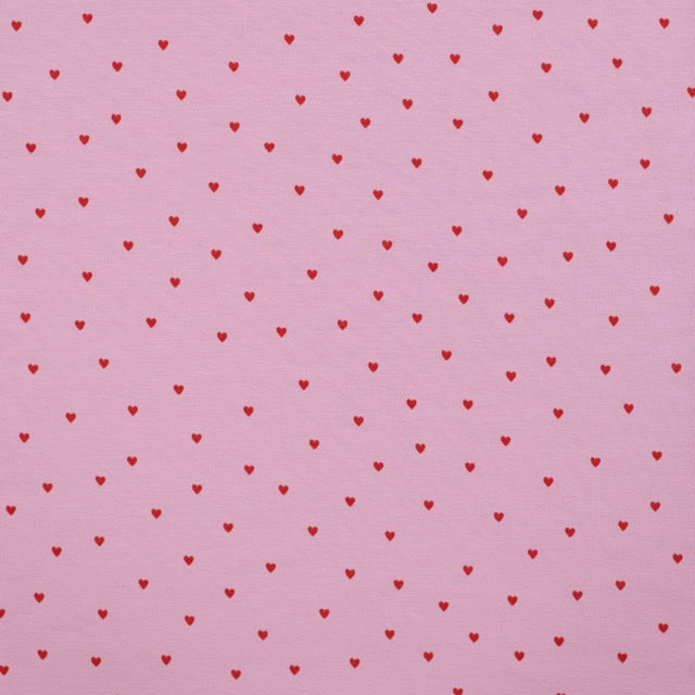 Single Jersey „Herzklopfen“ in Rosa mit kleinen roten Herzen