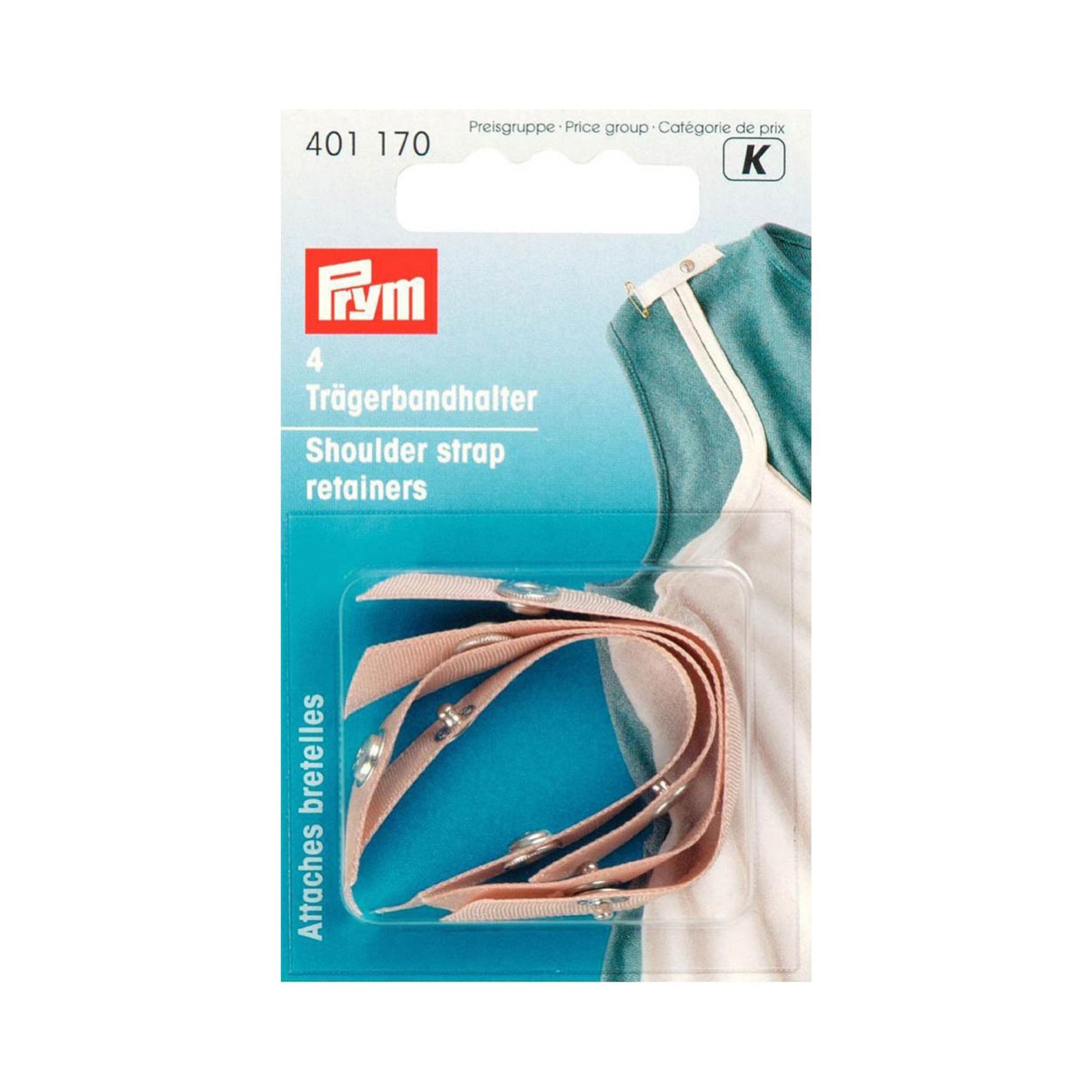 Prym Trägerbandhalter, 4 Stück pro Packung. Erhältlich in den Farben Haut, Schwarz und Weiß. Praktisches Zubehör gegen verrutschende Träger.