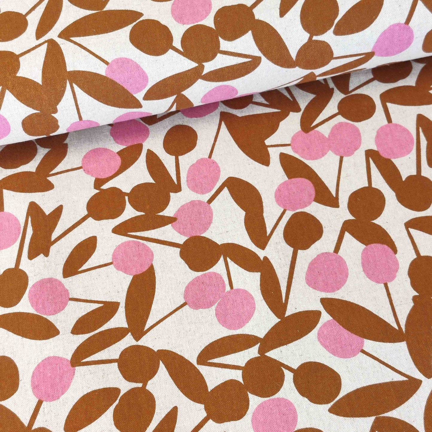 Japanischer Leinen-Baumwollstoff von Sevenberry mit grafischem Muster in Braun und Rosa.