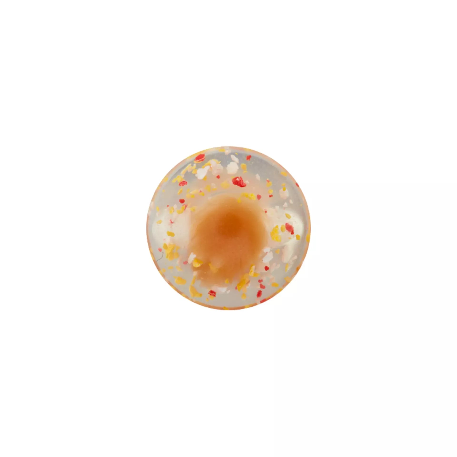 Transparenter Prym Ösenknopf mit roten, gelben und weißen Konfetti-Sprenkeln, leicht gewölbt, 15 mm / 20 mm.
