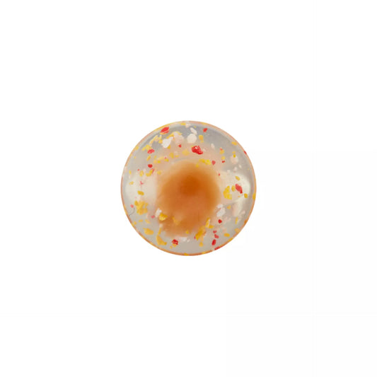 Transparenter Prym Ösenknopf mit roten, gelben und weißen Konfetti-Sprenkeln, leicht gewölbt, 15 mm / 20 mm.