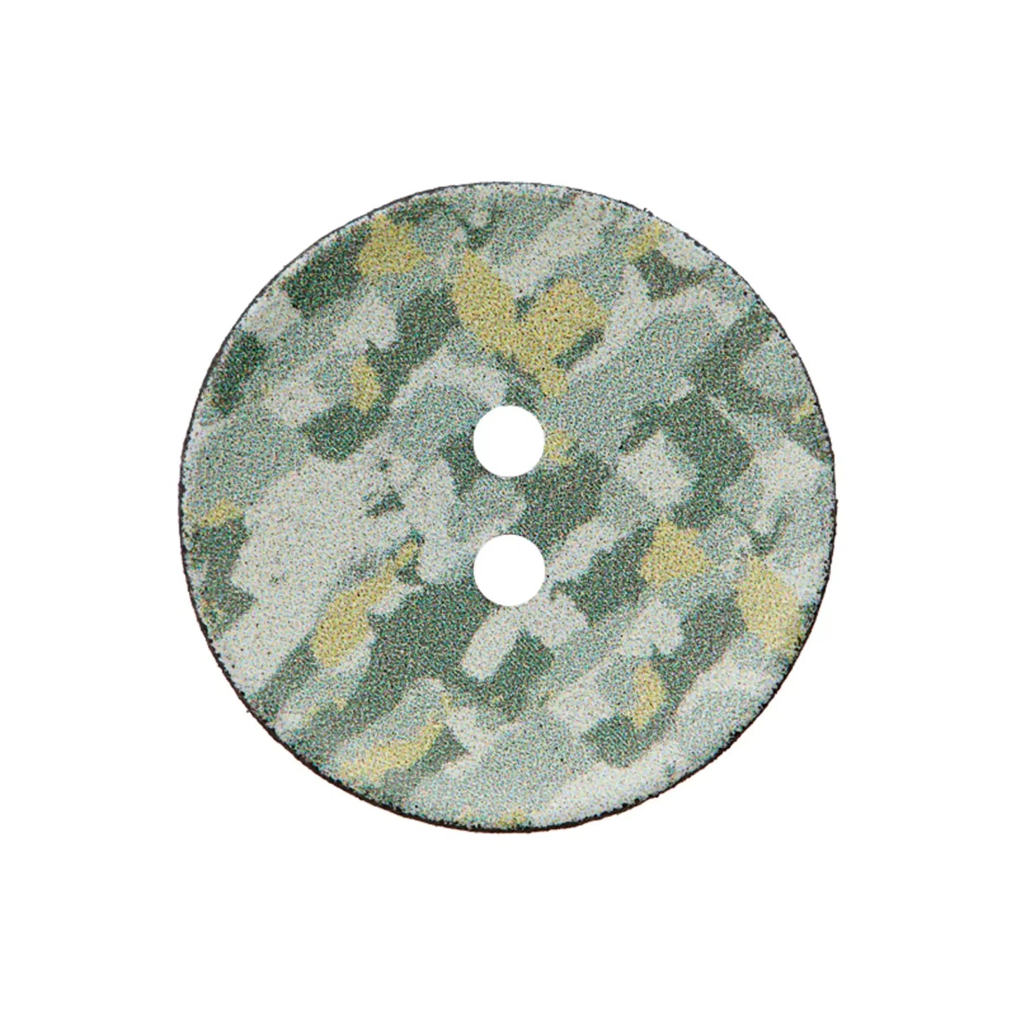 Prym Lederknopf 23 mm aus recyceltem Leder mit beigem Camouflage-Muster, 2-Loch-Ausführung.