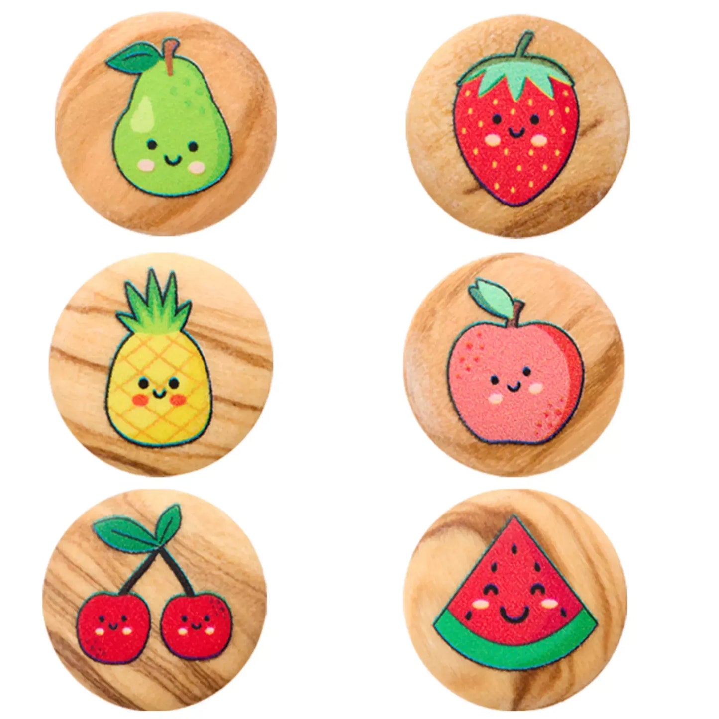 Holzknopf 15 mm mit Kirsche, Birne, Melone, Ananas oder Erdbeere