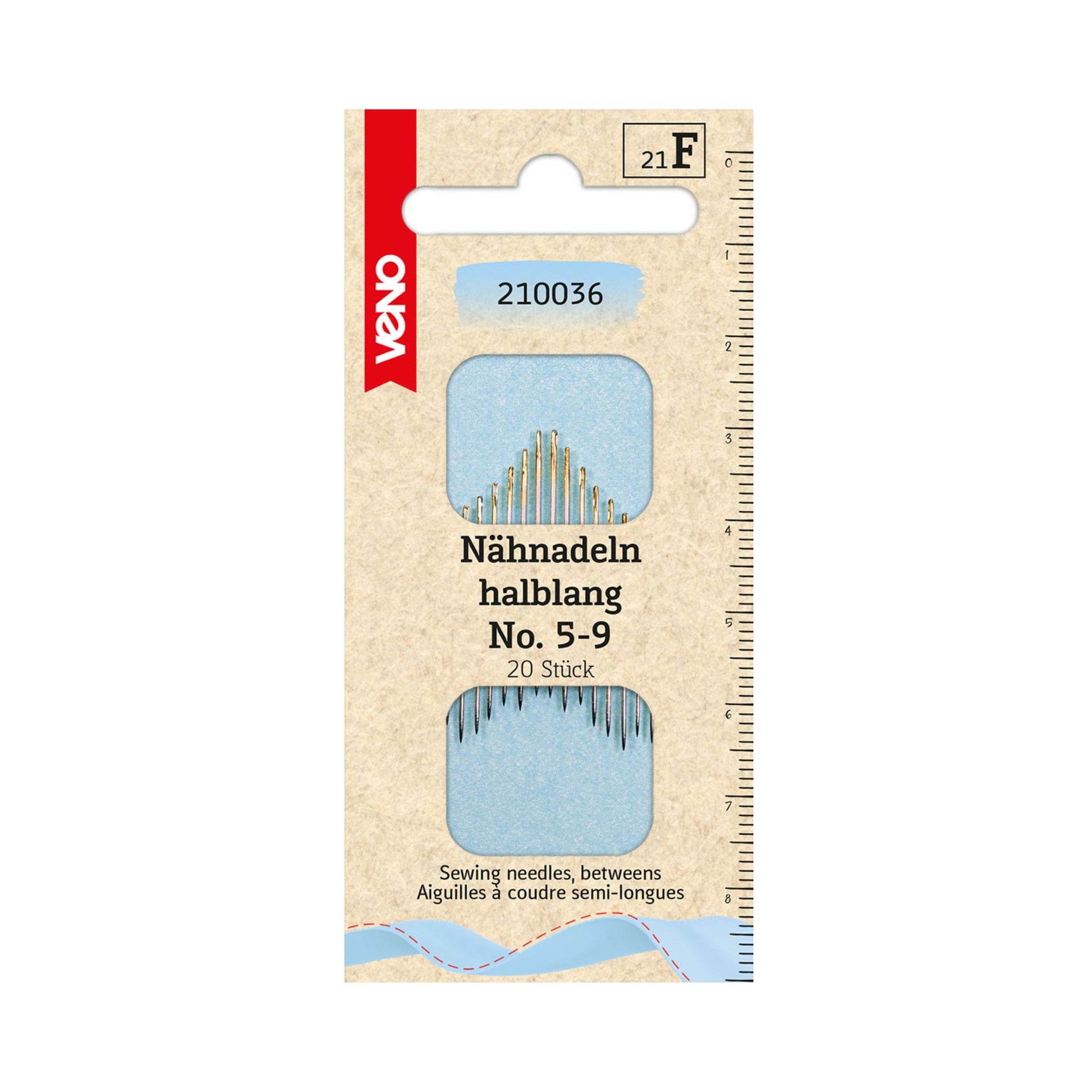 VENO Nähnadeln halblang mit Goldöhr, Set Nr. 5–9, 20 Stück für Handnäharbeiten