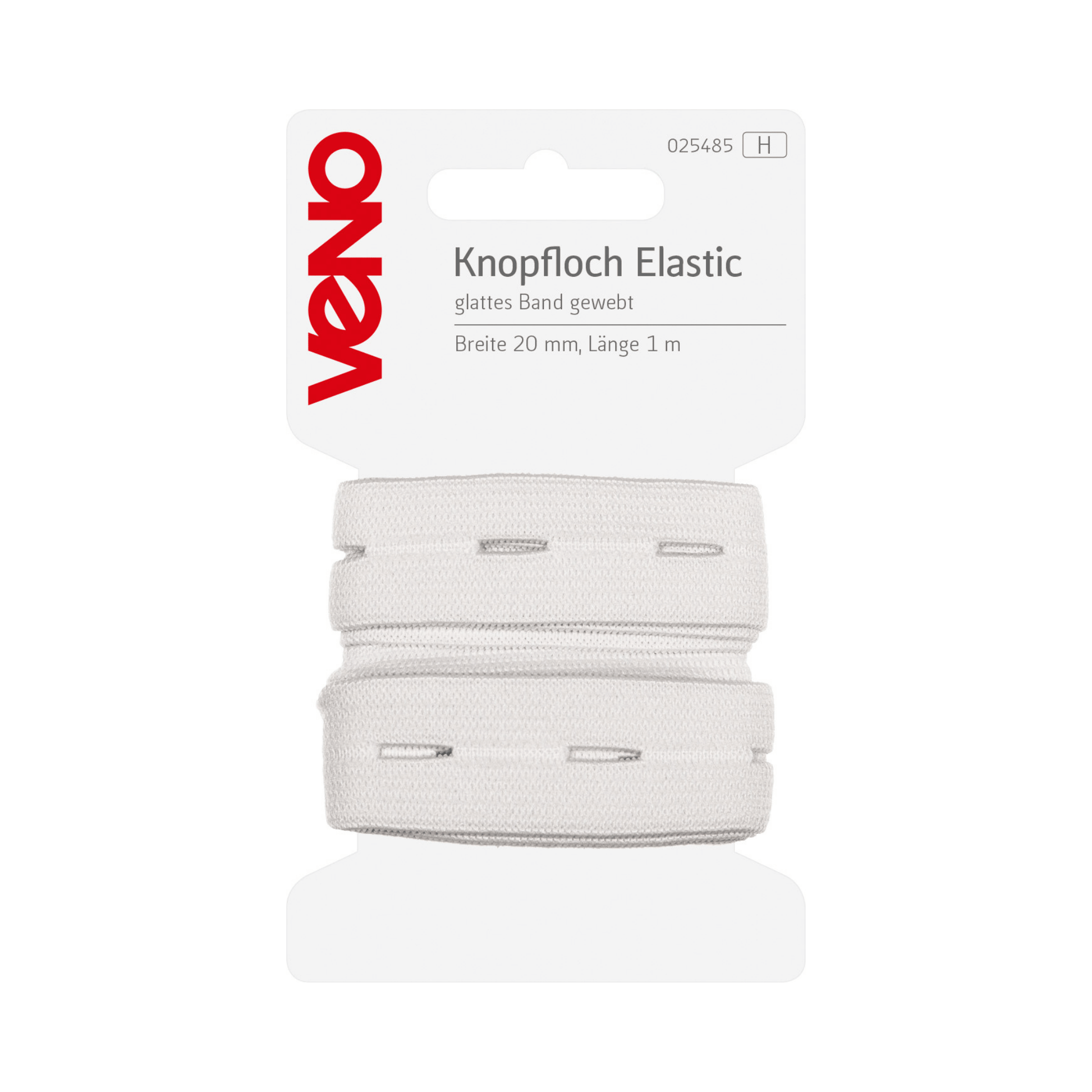 Weißes VENO Knopflochgummi 20 mm breit, 1 Meter, Artikel 025485