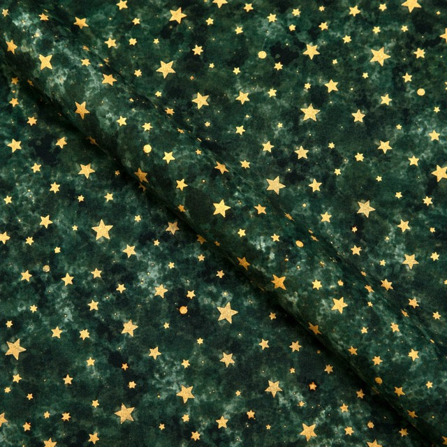 Baumwollstoff Weihnachten grün mit goldenen Sternen und Punkten