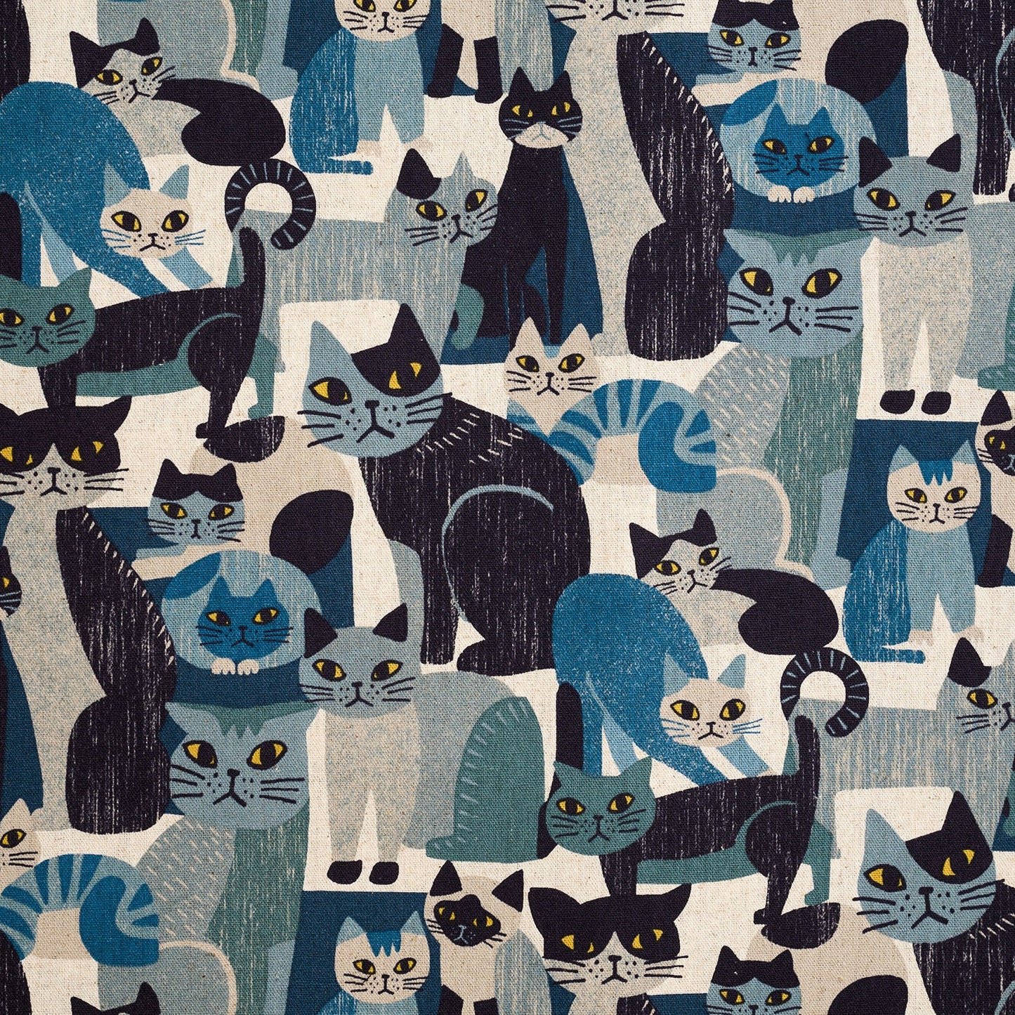 Kokka Canvas aus Japan mit grafischem Katzenmotiv in Blau-, Grau- und Schwarztönen aus Baumwolle und Leinen.