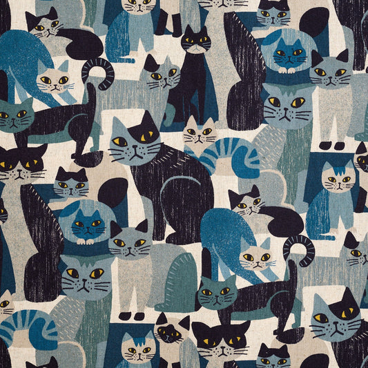 Kokka Canvas aus Japan mit grafischem Katzenmotiv in Blau-, Grau- und Schwarztönen aus Baumwolle und Leinen.