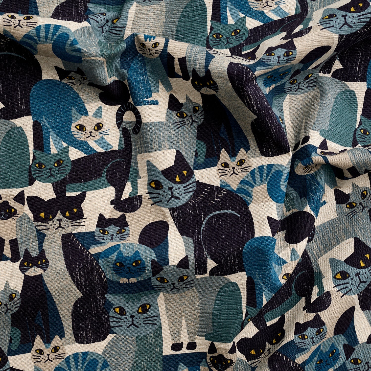 Kokka Canvas aus Japan mit grafischem Katzenmotiv in Blau-, Grau- und Schwarztönen aus Baumwolle und Leinen.