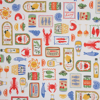 Half Panama Stoff mit mediterranem Motiv und bunten Illustrationen